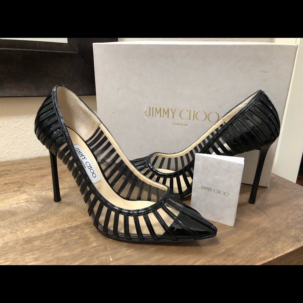 Jimmy Choo Romy 100 Black Patent / Pvc Stripped EU Sz 38 / US Sz 8